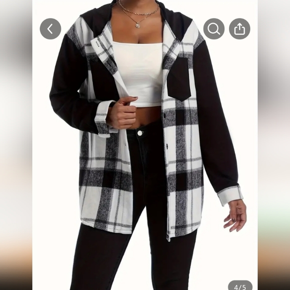 Women's Hooded Flannel Button Up Shirt Blk/White NWOT - Picture 4 of 6